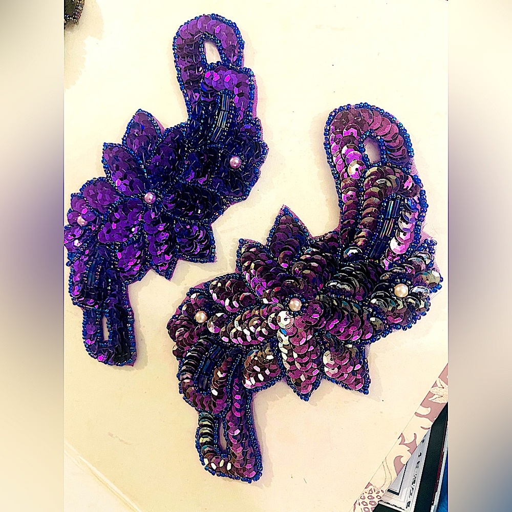 pair of beaded sequin appliqués vintage Artisan floral design ethnic costume +